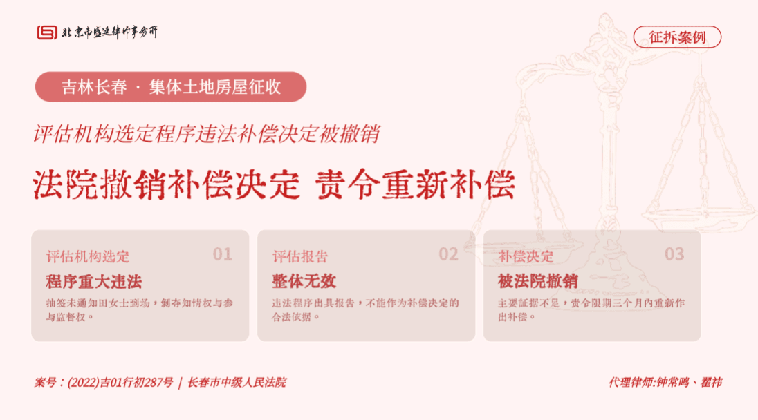 盛廷律所 · 吉林长春集体土地征收补偿胜诉案例:评估机构抽签未通知到场,补偿决定书因主要证据不足被撤销