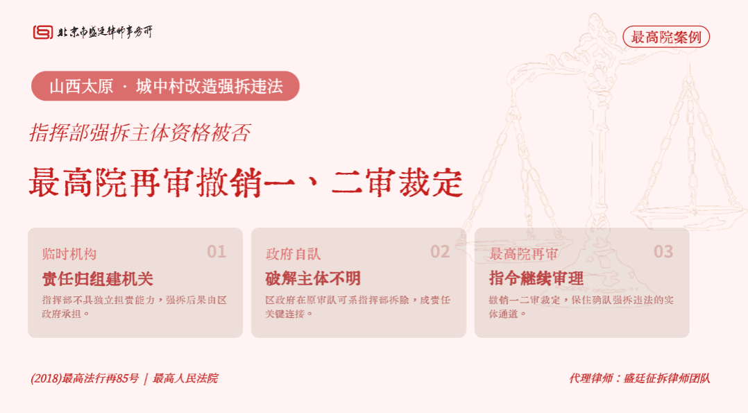 盛廷律所 · 山西太原晋源强拆违法再审胜诉案例:最高院认定临时机构强拆视为区政府行为,撤销一二审裁定指令继续审理